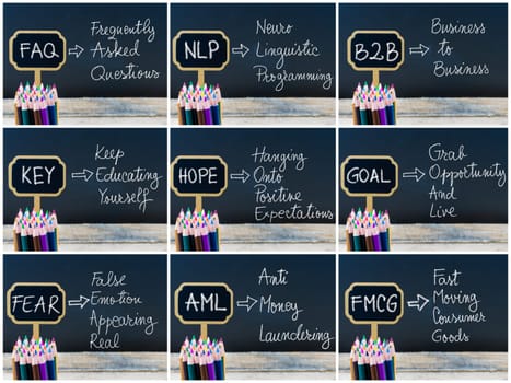Photo collage of business acronyms written with chalk on wooden mini blackboard labels and chalkboard background.