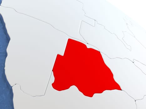 Map of Botswana on globe with metallic land and realistic water. 3D illustration