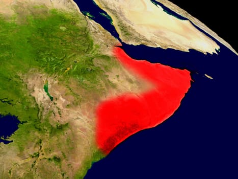 Somalia from space in red. 3D illustration with highly detailed realistic planet surface. Elements of this image furnished by NASA.