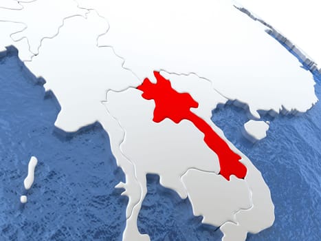 Map of Laos on globe with metallic land and realistic water. 3D illustration