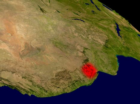 Swaziland from space in red. 3D illustration with highly detailed realistic planet surface. Elements of this image furnished by NASA.