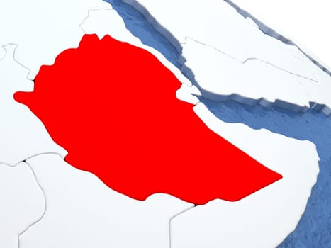 Map of Ethiopia on globe with metallic land and realistic water. 3D illustration