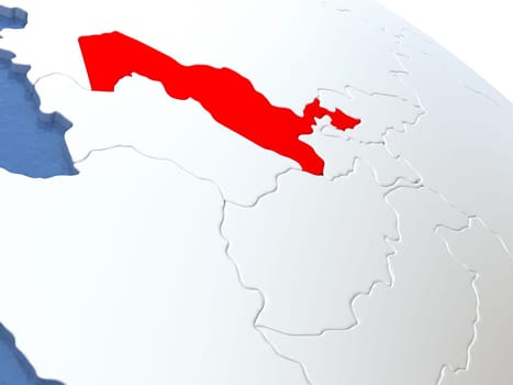 Map of Uzbekistan on globe with metallic land and realistic water. 3D illustration