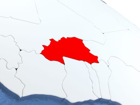 Map of Burkina Faso on globe with metallic land and realistic water. 3D illustration