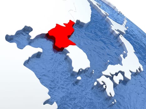Map of North Korea on globe with metallic land and realistic water. 3D illustration