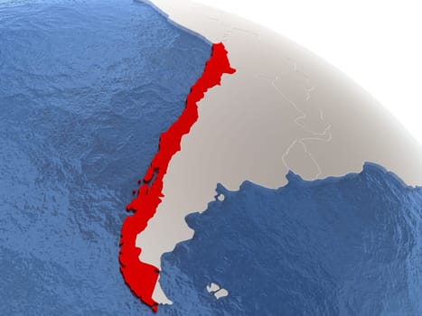 Map of Chile on globe with metallic land and realistic water. 3D illustration
