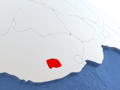 Map of Lesotho on globe with metallic land and realistic water. 3D illustration