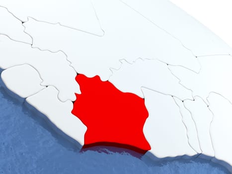 Map of Ivory Coast on globe with metallic land and realistic water. 3D illustration
