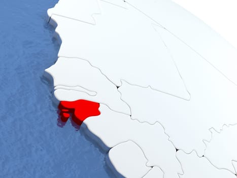 Map of Guinea-Bissau on globe with metallic land and realistic water. 3D illustration