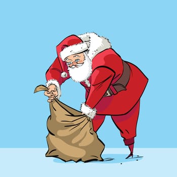Santa Claus and bag with gifts, comic book retro illustration. New year and Christmas