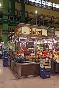 Sale stand in the market hall of Russafa in Valencia, Spain