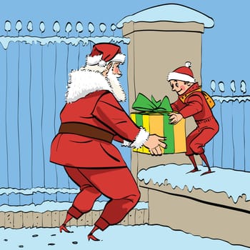 Santa Claus gives the boy a box of gifts, comic book retro illustration. Christmas and New year. On the background of the fence
