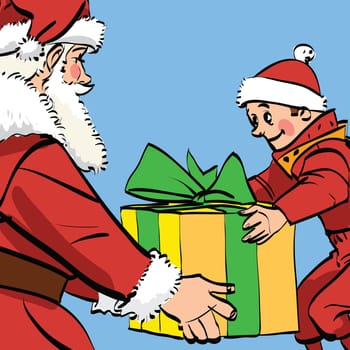 Santa Claus gives the boy a box of gifts, comic book retro illustration. Christmas and New year