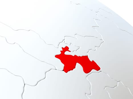 Map of Tajikistan on globe with metallic land and realistic water. 3D illustration