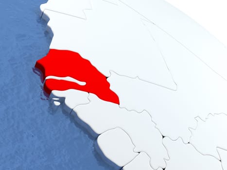 Map of Senegal on globe with metallic land and realistic water. 3D illustration