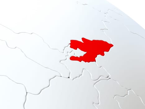 Map of Kyrgyzstan on globe with metallic land and realistic water. 3D illustration