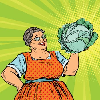 Smiling retro old woman with a head of green cabbage, pop art vector illustration. Vegetarian food and salad