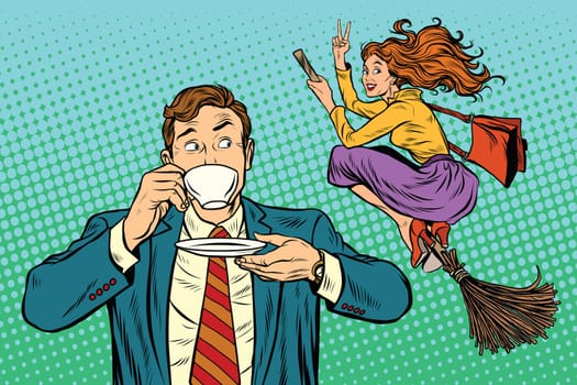 Retro man sees a woman cheerful witch, pop art retro vector illustration. Halloween is coming