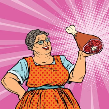 Smiling retro old woman and meat leg, pop art vector illustration