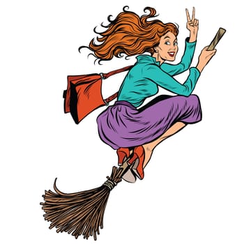 Beautiful woman witch flying on a broom, pop art retro vector illustration. Halloween character. White background isolated people