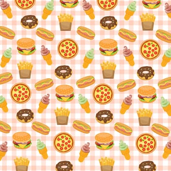 Fast food background with doughnut and hotdog, ice cream and burger, fries and pizza, vector illustration.