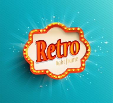 Shining retro light frame on blue background, vector illustration.