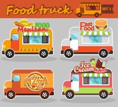Set of vector illustrations food truck - ice cream, pizza, mexican and fast food.