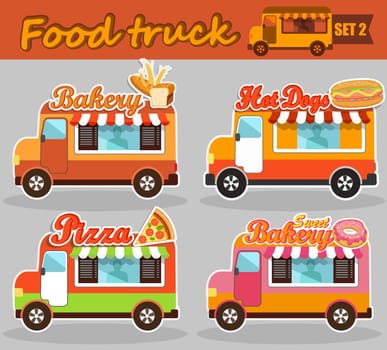 Set of vector illustrations food truck - bakery, pizza, hot dog and sweet bakery.