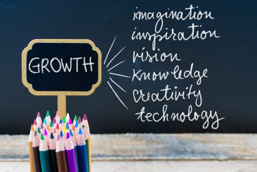 Business Acronym GROWTH written with chalk on wooden mini blackboard labels and chalkboard background.