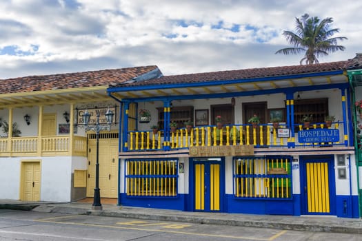 SALENTO, COLOMBIA - JUNE 6: Colonial buildings on the main plaza in Salento, Colombia on June 6, 2016