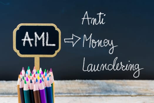 Business Acronym AML Anti Money Laundering written with chalk on wooden mini blackboard labels and chalkboard background.