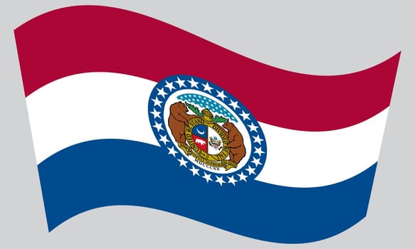 Missourian official flag, symbol. American patriotic element. USA banner. United States of America background. Flag of the US state of Missouri waving on gray background, vector