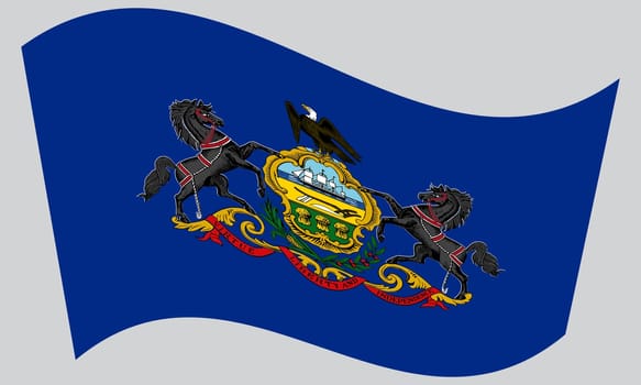 Pennsylvanian official flag, symbol. American patriotic element. USA banner. United States of America background. Flag of the US state of Pennsylvania waving on gray background, vector