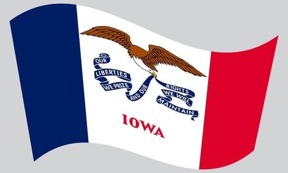 Iowan official flag, symbol. American patriotic element. USA banner. United States of America background. Flag of the US state of Iowa waving on gray background, vector