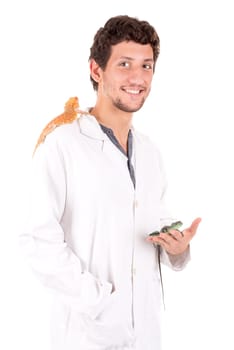 Young veterinarian with lizard isolated in white
