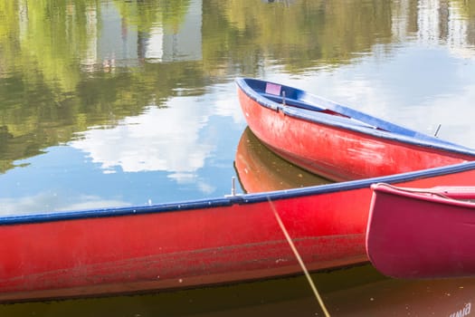 Three empty red canoes lie in the river attached to a jette on the shore.