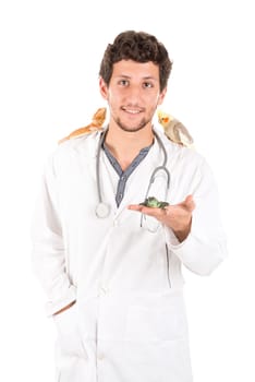 Young veterinarian with several animals isolated in white
