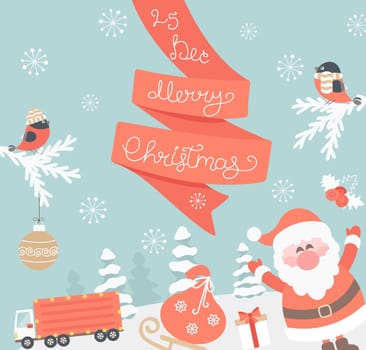Christmas Greeting Card. Merry Christmas lettering with Santa. Vector illustration.