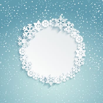 Circular Christmas frame with snowflakes - template for message. Snowy background. Vector illustration.
