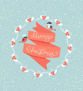 Christmas Greeting Card. Merry Christmas lettering with birds. Vector illustration.