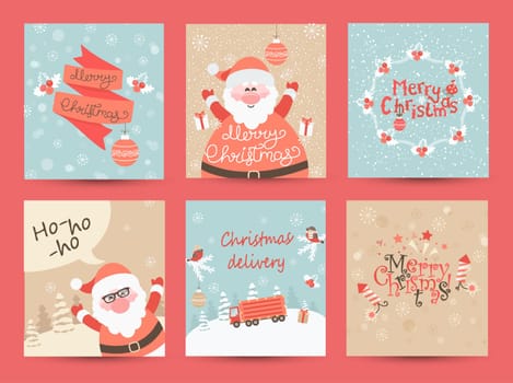 Christmas Greeting Cards set. Merry Christmas lettering. Vector illustration.