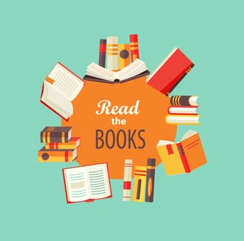 Vector set of books - icons in flat retro style with circle frame for text design.