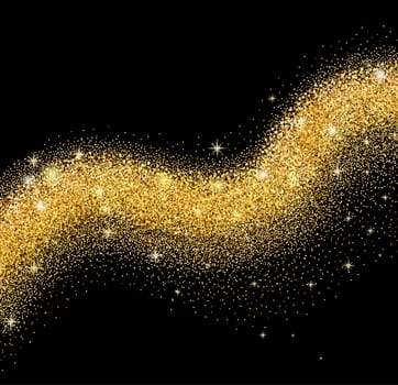 Vector golden sparkling falling star with frame on white background. Gold glittering wave for card.