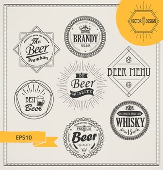Vector alcohol logos and emblems in outline style. Set of Retro Vintage Insignias and Logotypes. Labels, Badges, Frames and Other Design Elements.