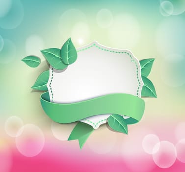 vector illustration of Frame for text in a vintage style with a ribbon on the light spring bokeh background with leaves