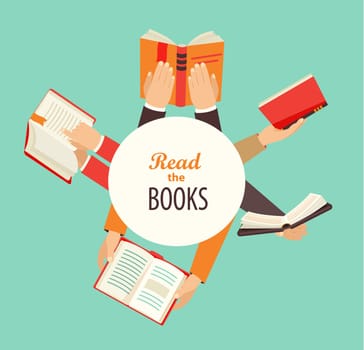 Vector set of hands holding books - icons in flat retro style with circle frame for text design.