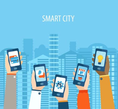 Vector illustration concept of hands holding smart-phones . Flat design modern vector illustration icons set of smart city life.