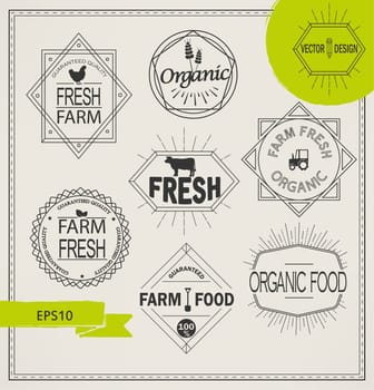 Vector agriculture and organic farm fresh line logos - set of design elements and badges for food industry in outline style.