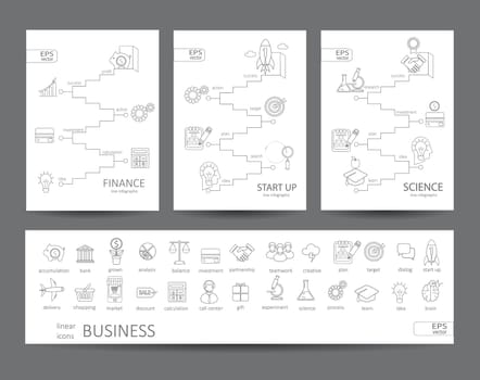 Modern thin line icons set and infographics of finance, science, start up concept. For web, internet, mobile apps, interface design. Stroke vector logo concept for web graphics.