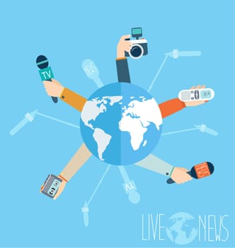 Journalism concept vector illustration in flat style.Vector live report concept, live news, hands of journalists with microphones, camera and tape recorders